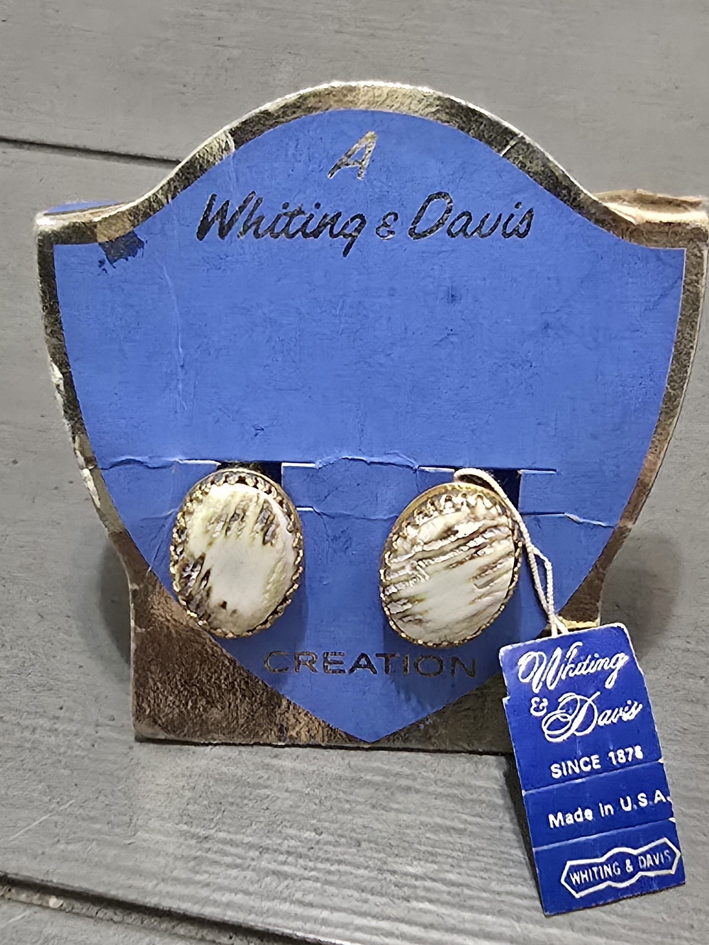 Whiting & Davis Signed Vintage Gold And Genuine Shell Oval Clip-On Earrings